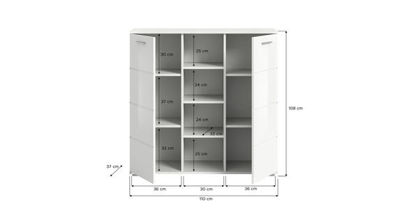 SCHUHSCHRANK 110/108/37 cm  - Weiß Hochglanz/Silberfarben, Design, Holzwerkstoff/Kunststoff (110/108/37cm) - Xora