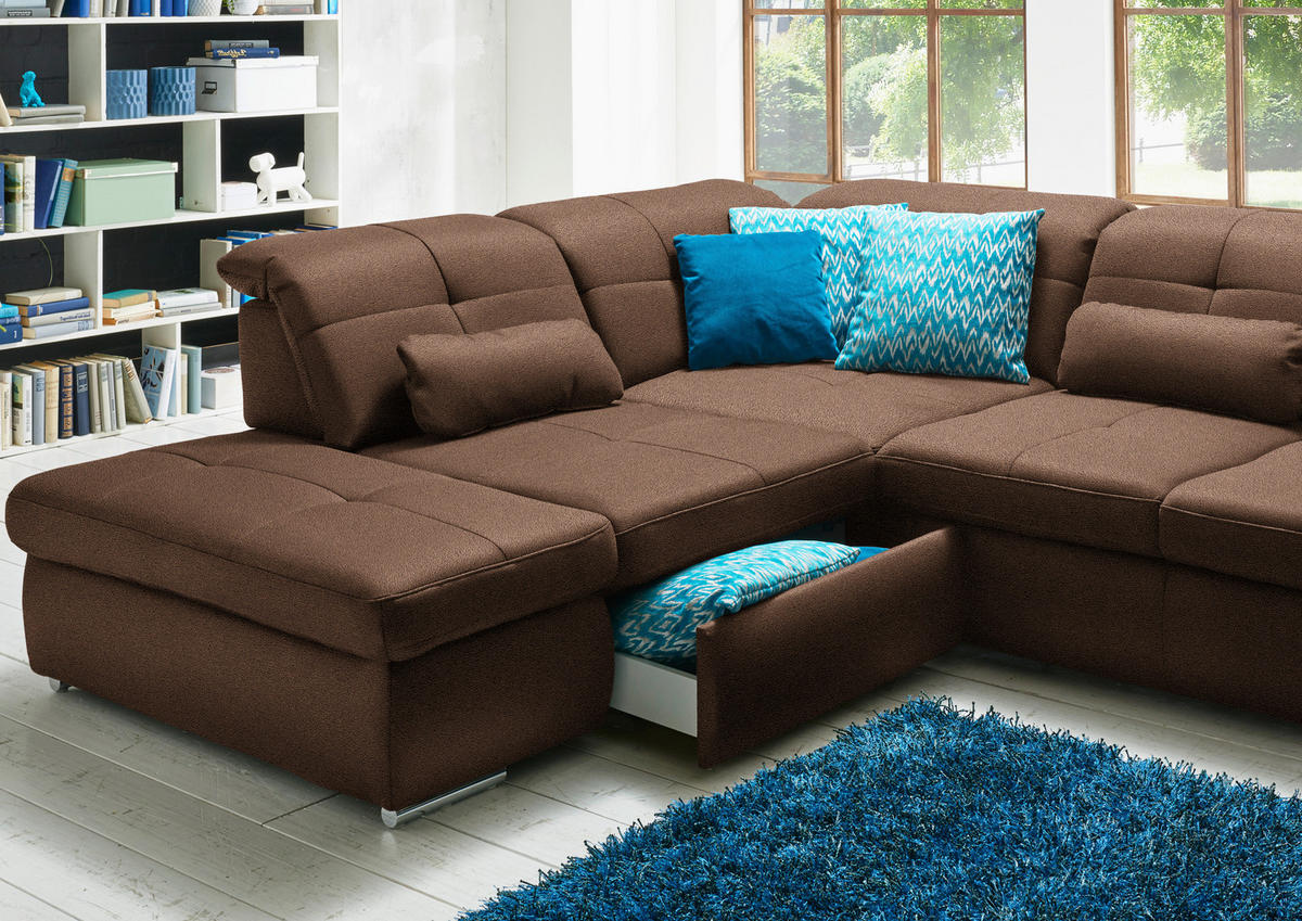 WOHNLANDSCHAFT  in Mikrofaser Haselnussfarben  - Chromfarben/Haselnussfarben, Design, Holzwerkstoff/Textil (260/371/195cm) - Beldomo Style