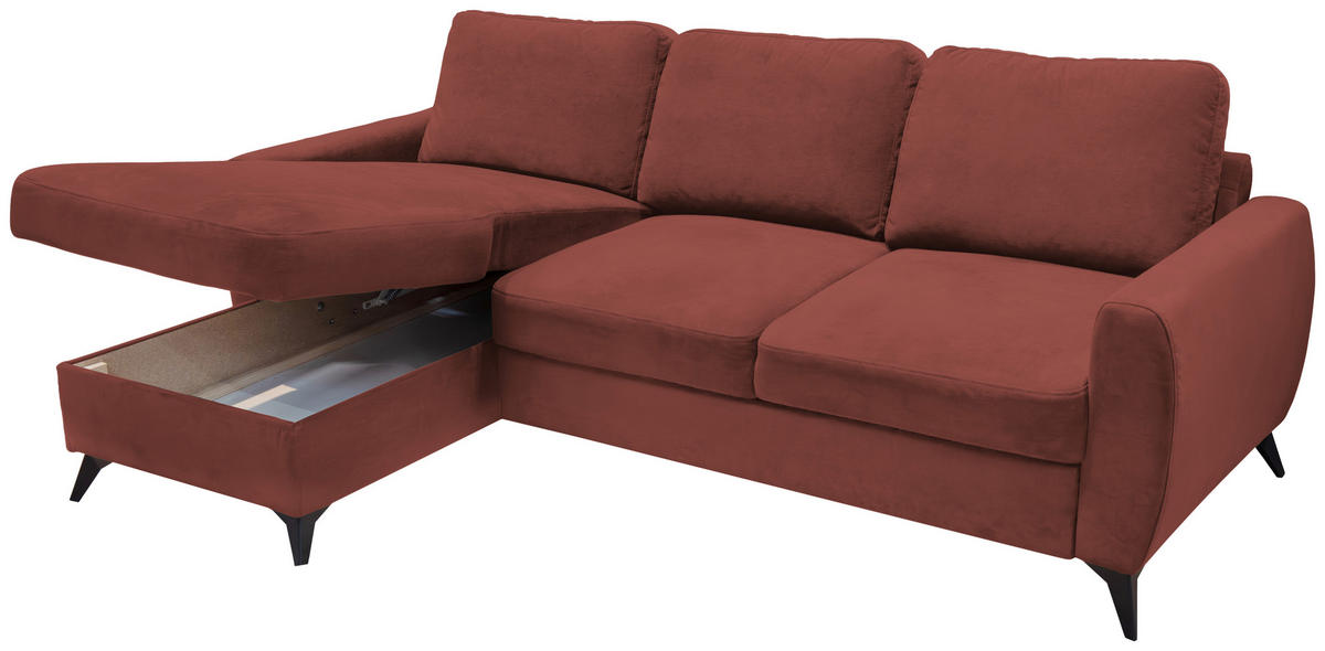 ECKSCHLAFSOFA JEFFREY Mikrovelours Rotbraun  inkl. Zierkissen, Rückenkissen, Stauraum  - Rotbraun/Schwarz, KONVENTIONELL, Textil/Metall (230/150cm) - Livetastic