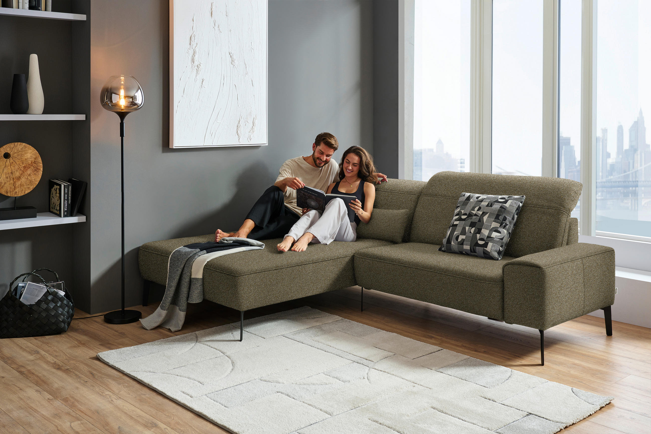 ECKSOFA in Mikrofaser Khaki  - Khaki/Schwarz, Design, Textil/Metall (203/266cm) - Johann Jakob