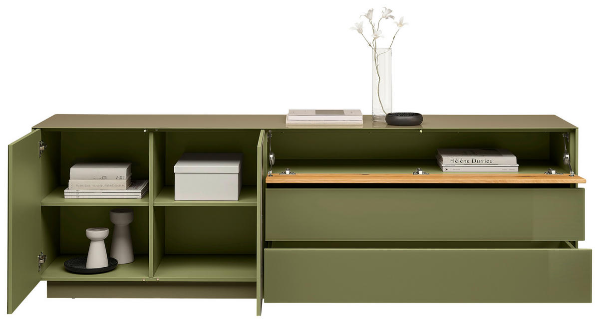 Comodă Joasă 207/69/42 cm  - culoare lemn stejar/măsliniu, Design, sticlă/lemn (207/69/42cm) - Novel