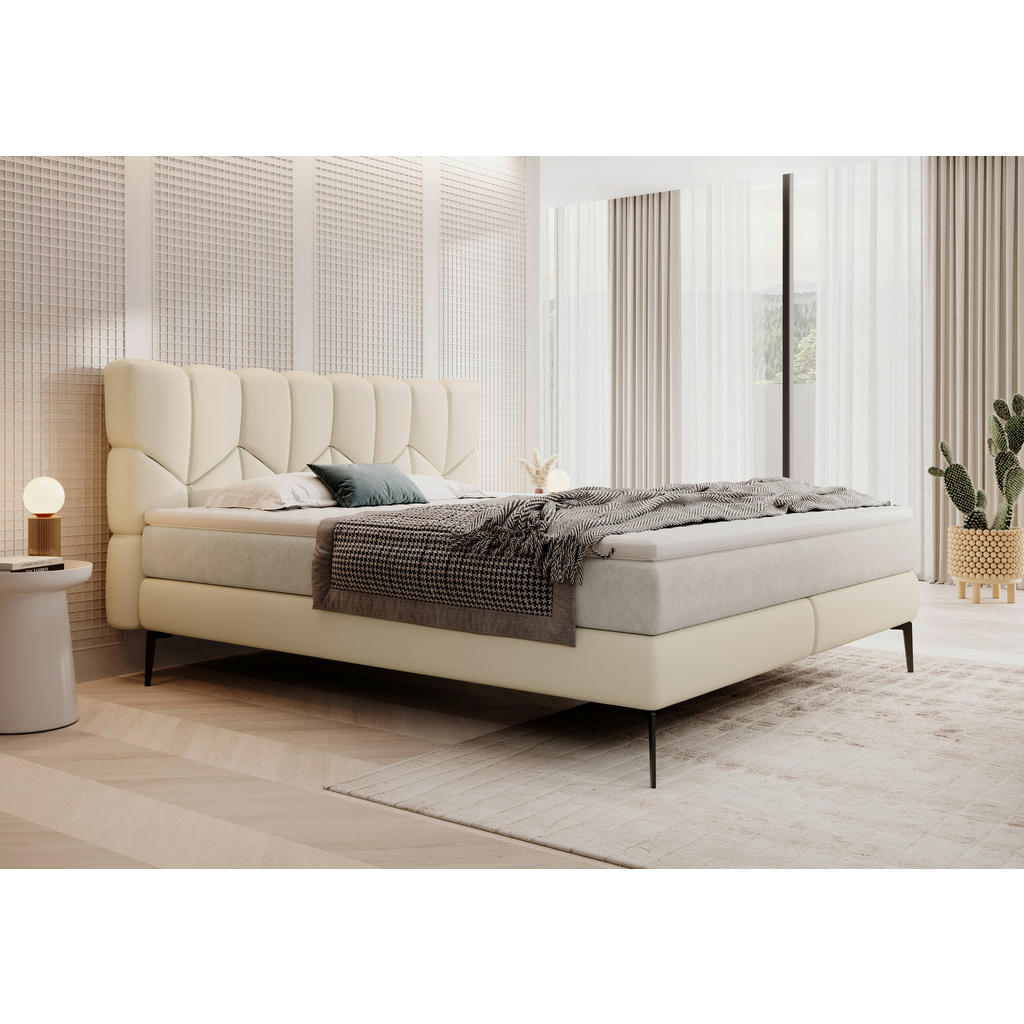 Thumbnail - Esposa Boxspringbett, Beige, Textil, Kombination Echtleder/Stoff,Echtleder, Rindleder, H2 + H3, 7-Zonen, Höhe ca. 17,5 c...