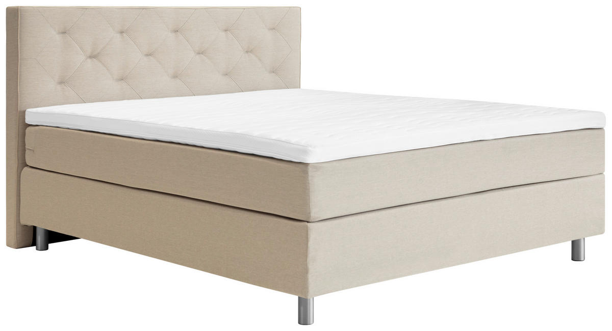 BOXSPRINGBETT 180/200 cm,  in Beige, Matratze, gepolstertes Kopfteil, Topper, H3 = fest  - Beige/Alufarben, KONVENTIONELL, Textil/Metall (180/200cm) - Welnova
