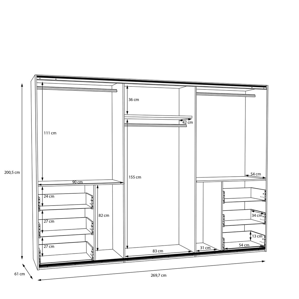 SCHWEBETÜRENSCHRANK 270/200/61 cm 3-türig Weiß  - Alufarben/Weiß, KONVENTIONELL, Holzwerkstoff/Metall (270/200/61cm) - Carryhome