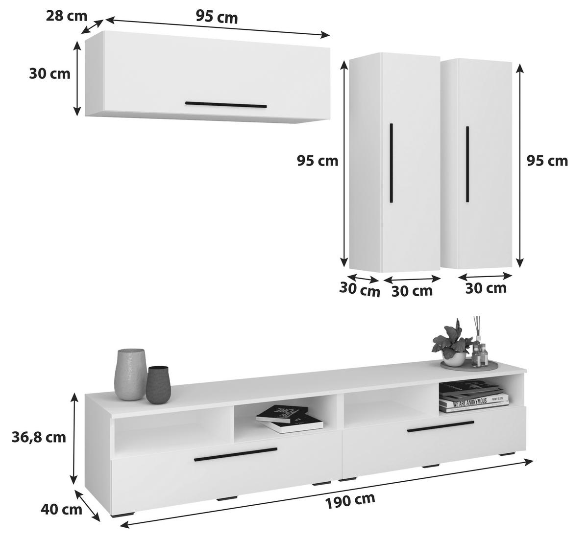 WOHNWAND  in Weiß, Eichefarben  190/200/40 cm  - Eichefarben/Schwarz, MODERN, Holzwerkstoff/Kunststoff (190/200/40cm) - MID.YOU