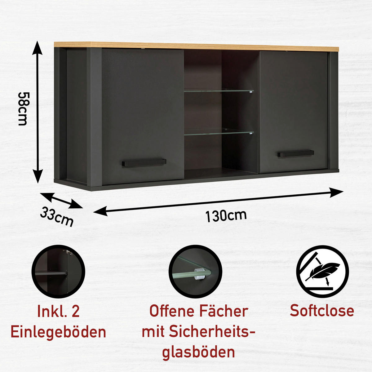 HÄNGESCHRANK 130,3/57,5/33 cm  - Anthrazit/Schwarz, MODERN, Glas/Holzwerkstoff (130,3/57,5/33cm) - home24