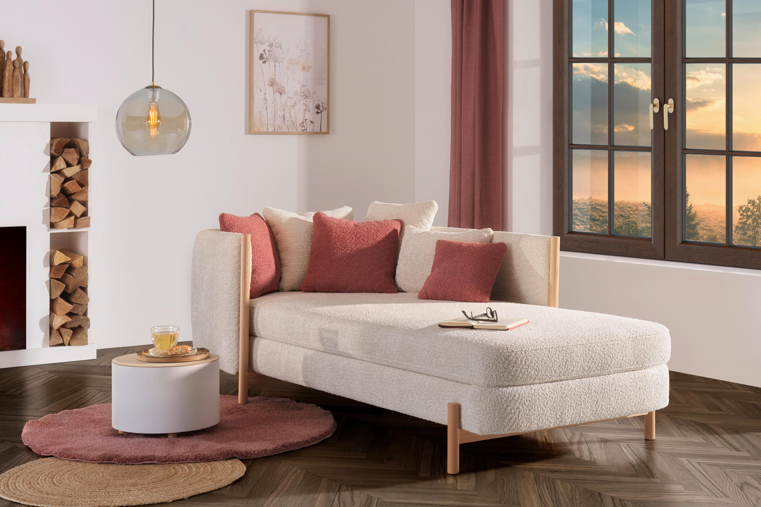 RÉCAMIERE Creme Plüsch  - Creme/Naturfarben, Design, Holz/Textil (216/90/109cm) - Niels Andersson