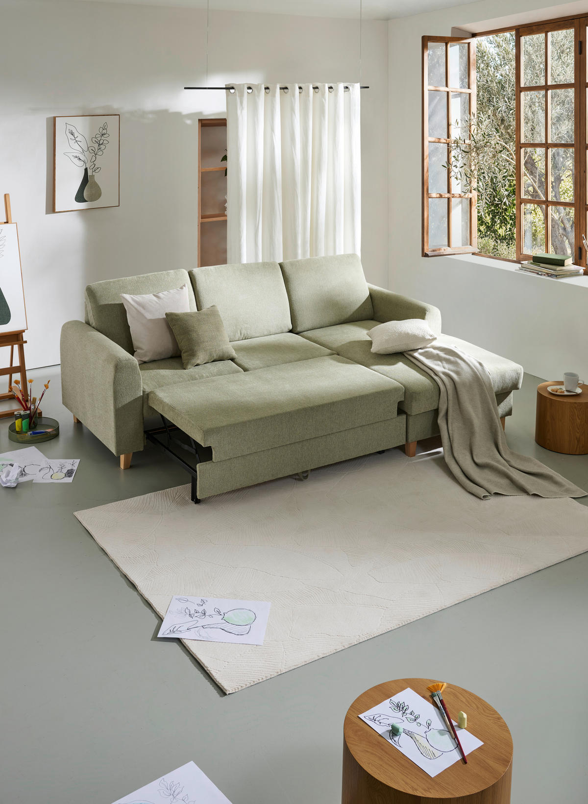 ECKSOFA Hellgrün Flachgewebe  - Buchefarben/Hellgrün, KONVENTIONELL, Holz/Textil (241/166cm) - Carryhome