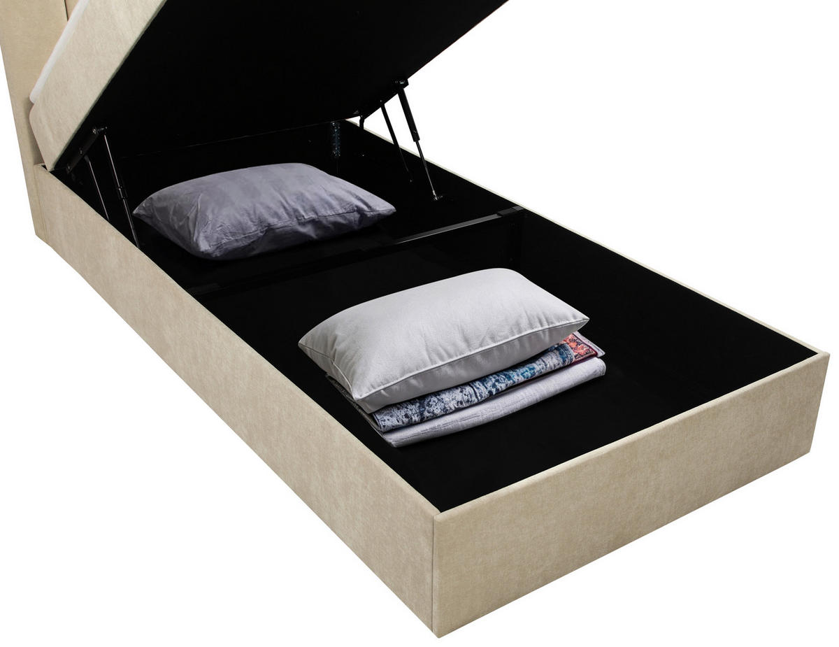 BOXBETT 100/200 cm,  in Beige, Matratze, gepolstertes Kopfteil, Bettkasten, Topper, H3 = fest  - Beige/Schwarz, Basics, Kunststoff/Textil (100/200cm) - Chameo