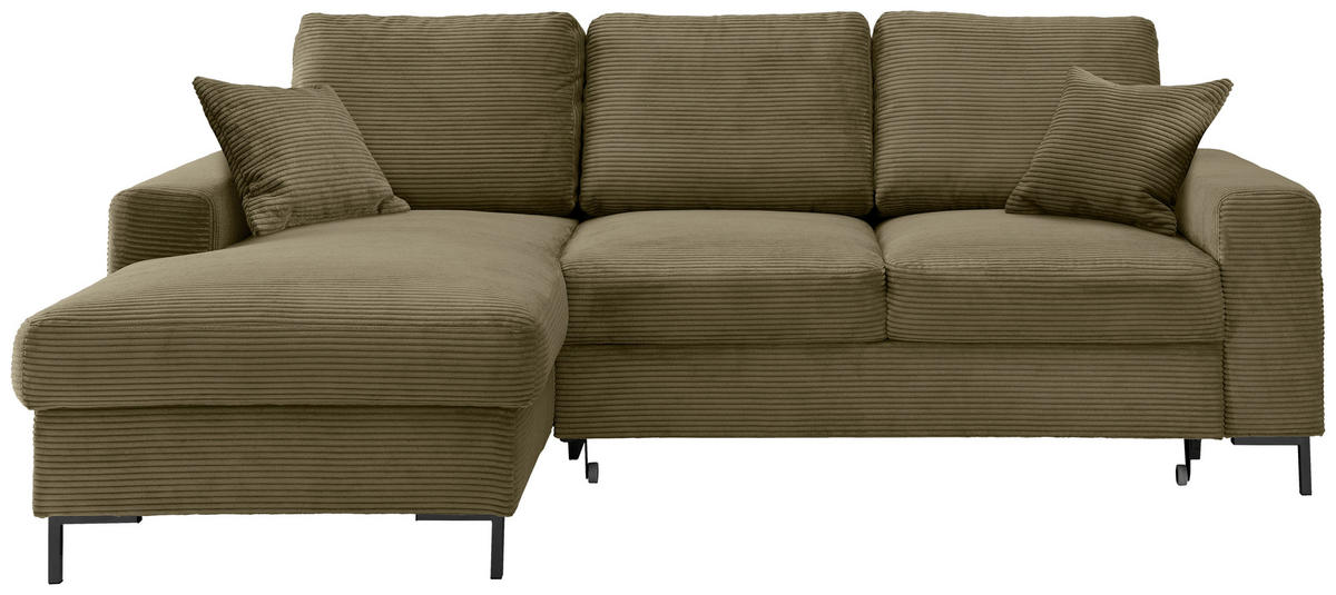 ECKSCHLAFSOFA  mit Rücken echt Cord Olivgrün  - Schwarz/Olivgrün, KONVENTIONELL, Textil/Metall (143/237cm) - Livetastic