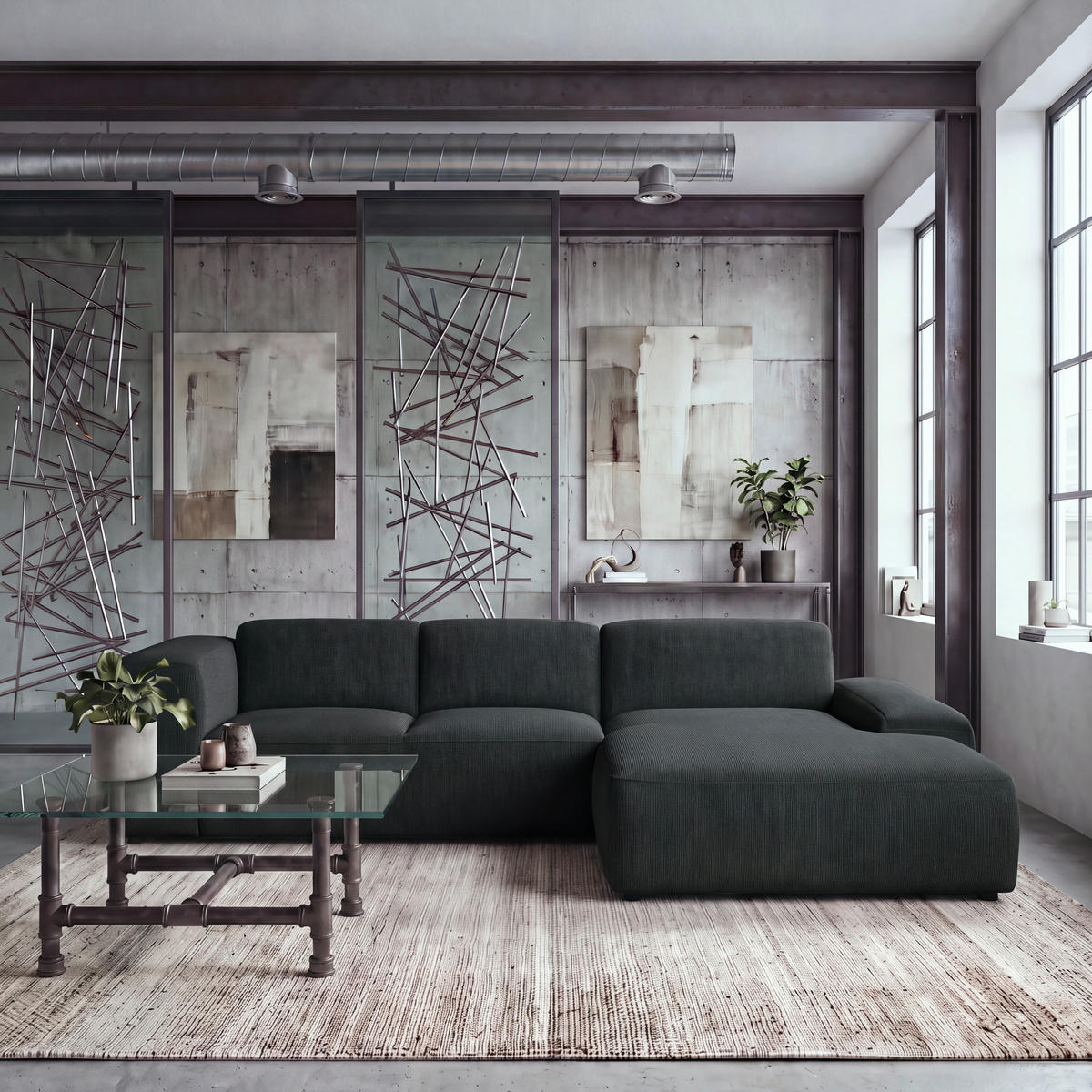 ECKSOFA HANNAH Schwarz Cord  - Schwarz, Design, Kunststoff/Textil (304/200cm) - MID.YOU