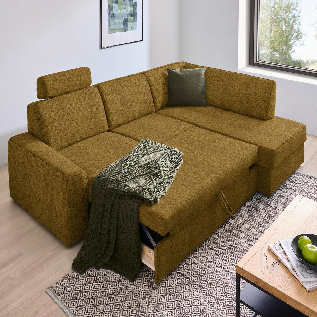 ECKSOFA in Webstoff Dunkelgelb  - Dunkelgelb/Schwarz, Konventionell, Kunststoff/Textil (224/165cm) - Xora