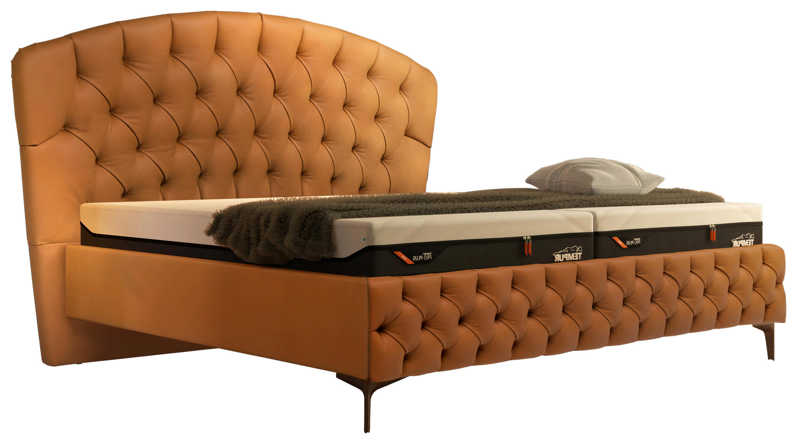 POLSTERBETT - Hellbraun/Schwarz, Design, Leder/Metall (180/200cm) - Tempur