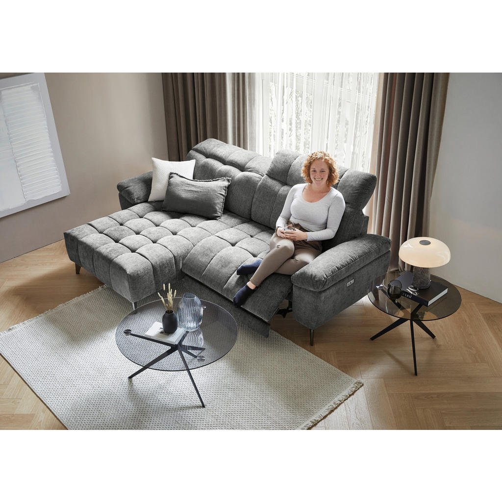 Thumbnail - Xora Ecksofa, Dunkelgrau, Metall, Textil, 3-Sitzer, L-Form, Ottomane links, 266x105-178 cm, Relaxfunktion, seitenverkehr...