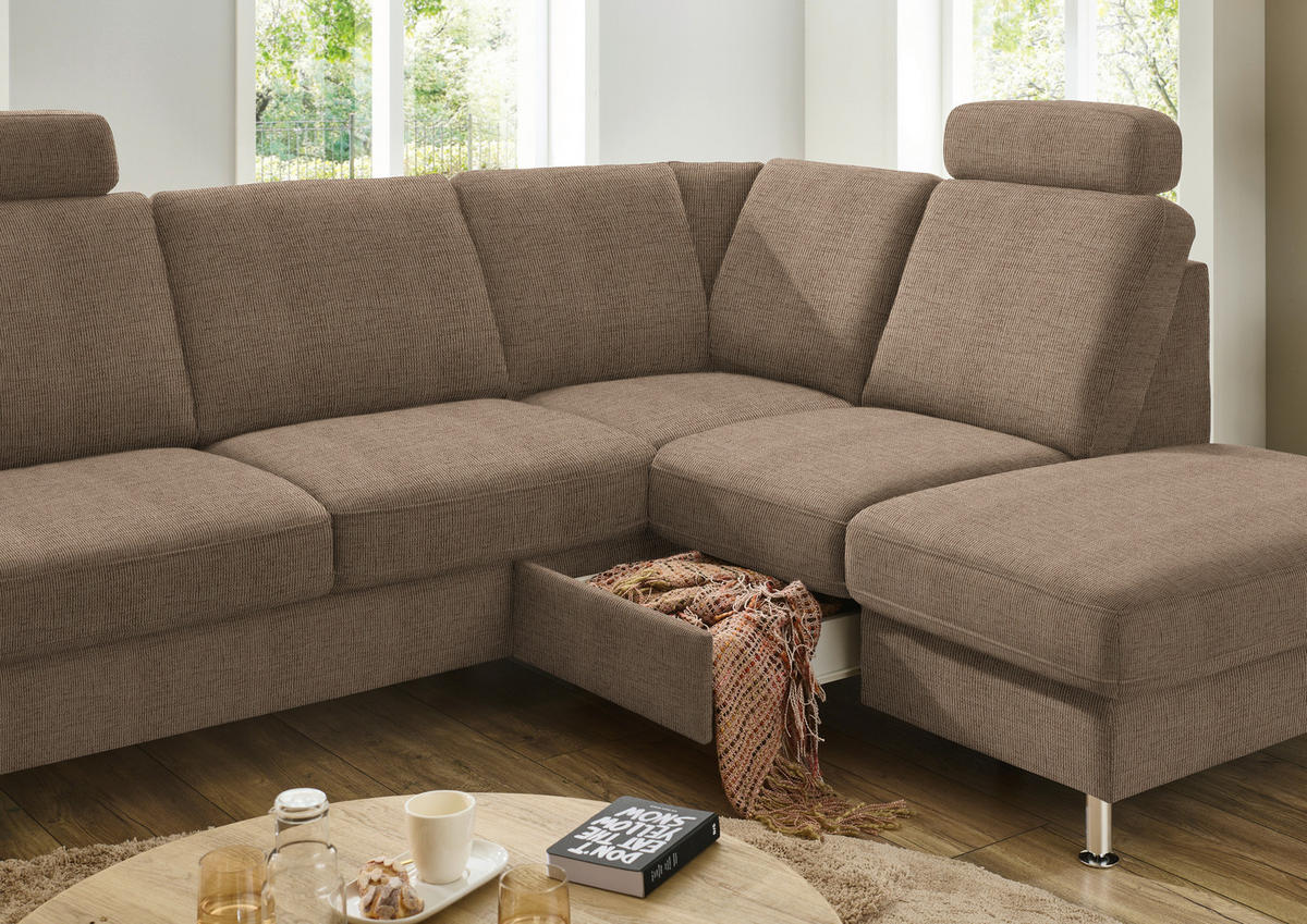 ECKSOFA in Webstoff Hellbraun  - Hellbraun/Alufarben, Konventionell, Textil/Metall (241/200cm) - Beldomo System