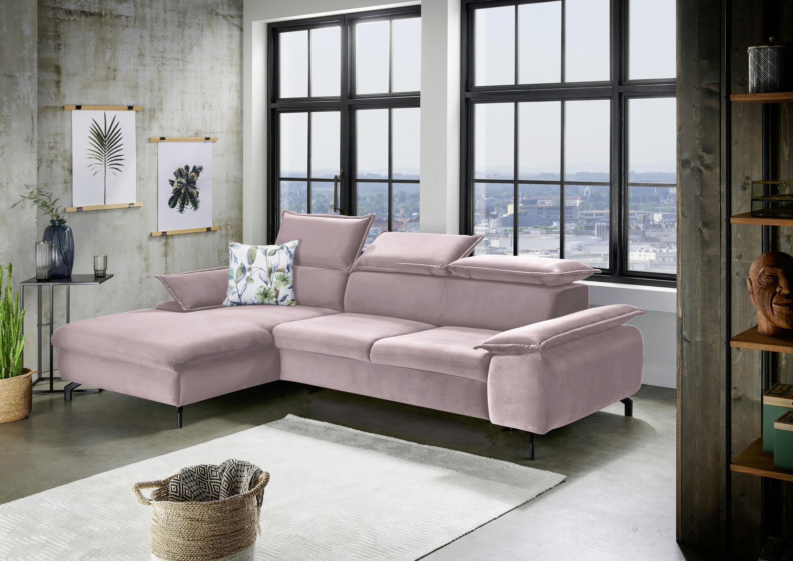 WOHNLANDSCHAFT Altrosa Velours - Schwarz/Altrosa, KONVENTIONELL, Textil/Metall (175/280cm) - Livetastic