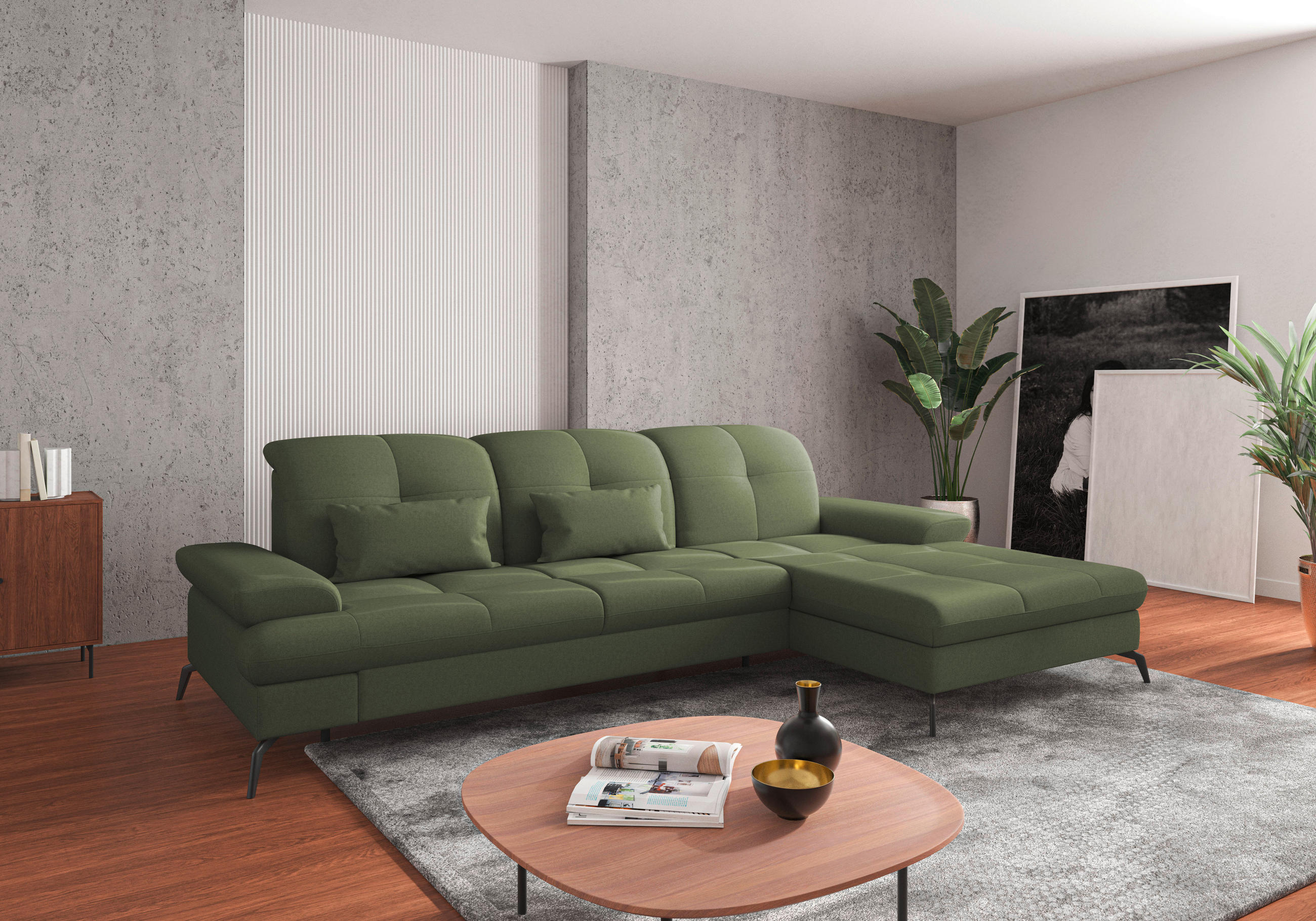 ECKSOFA in Flachgewebe Olivgrün  279/185 cm  - Schwarz/Olivgrün, KONVENTIONELL, Textil/Metall (279/185cm) - Sit & More
