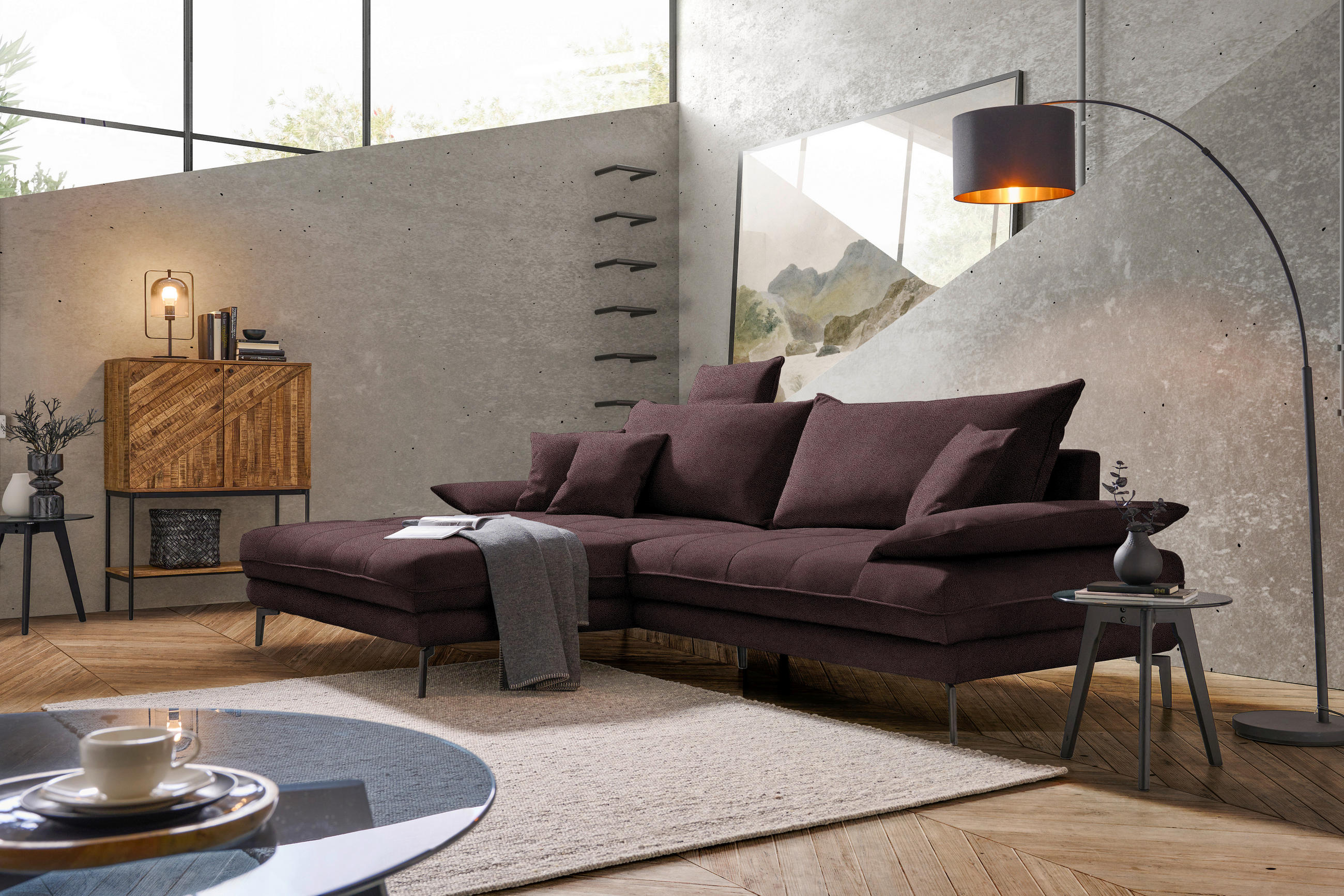 ECKSOFA in Flachgewebe Dunkelbraun  176/292 cm  - Dunkelbraun/Schwarz, MODERN, Textil/Metall (176/292cm) - Carryhome