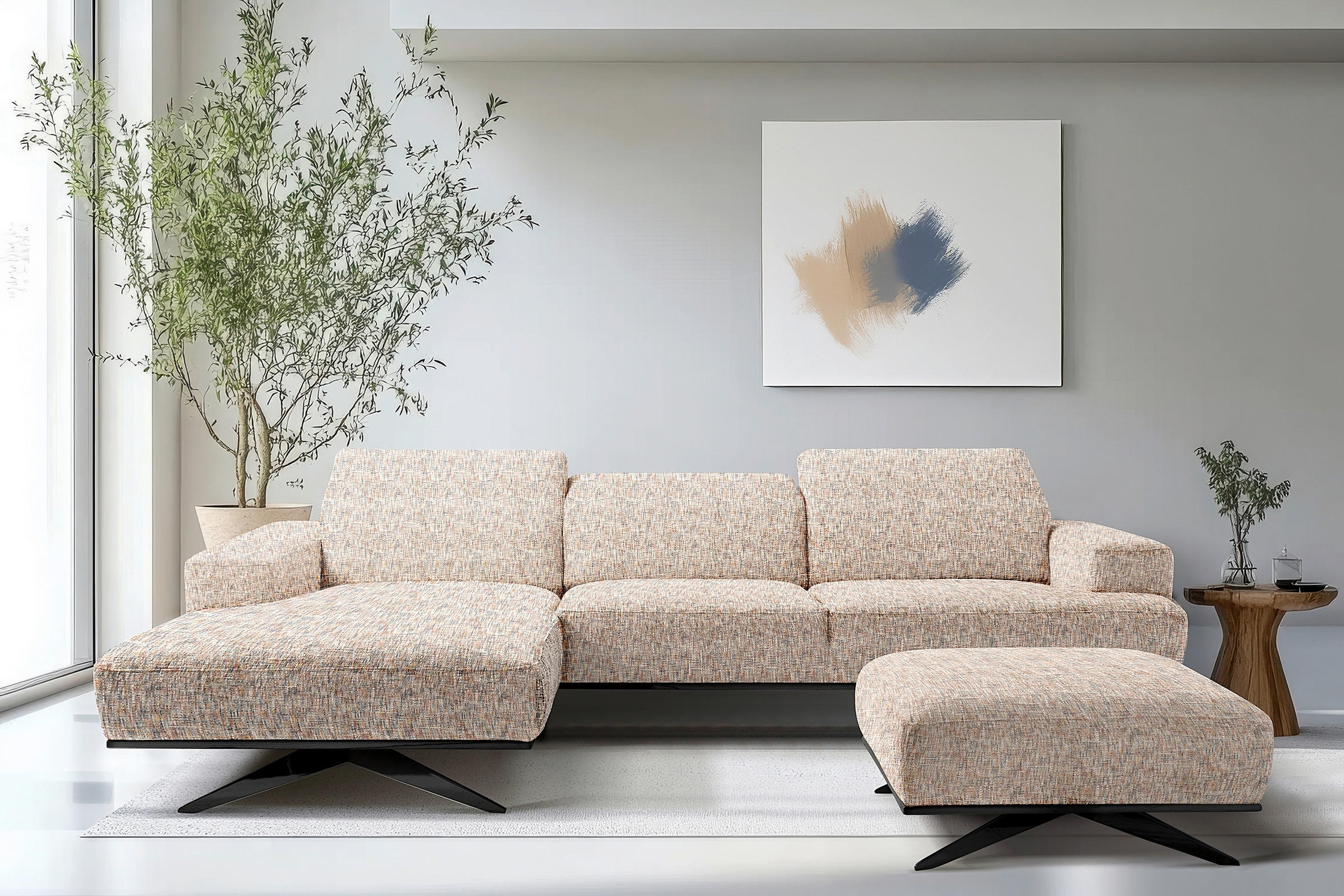 ECKSOFA PORTLAND in Struktur Blau, Gelb, Rot, Weiß Kopfteilverstellung  187/295 cm  - Blau/Gelb, Design, Holz/Textil (187/295cm) - Livetastic