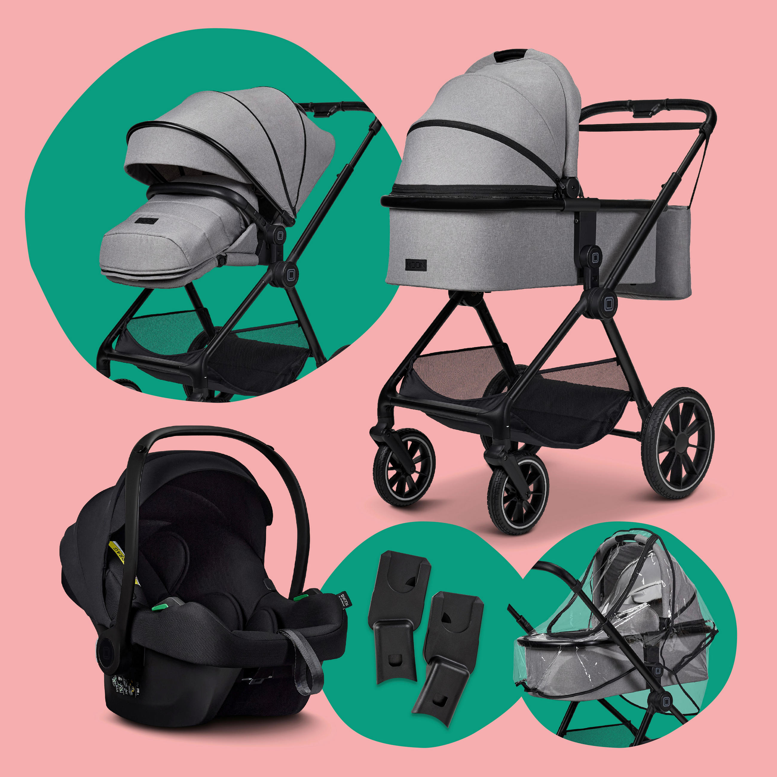KINDERWAGENSET  Clicc Set  Stone  - Schwarz/Grau, Basics, Textil (84/61/114cm) - Moon