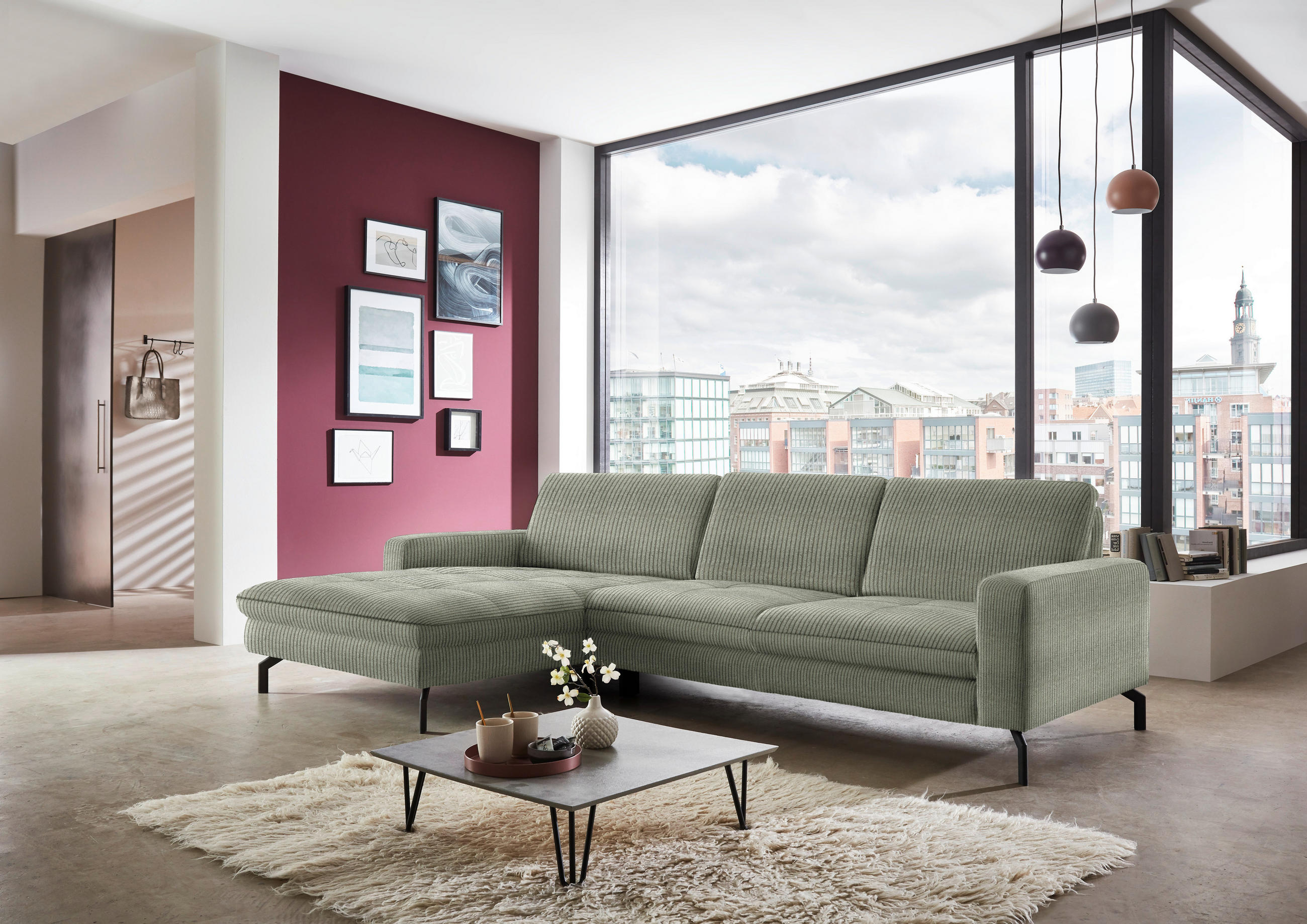 ECKSOFA in Cord Grün  - Schwarz/Grün, Design, Textil/Metall (178/302cm) - Beldomo Style