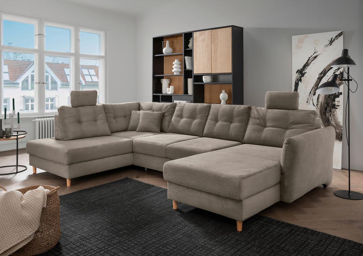 WOHNLANDSCHAFT Graubraun Cord  - Graubraun/Naturfarben, MODERN, Holz/Textil (206/338-352/176cm) - Livetastic