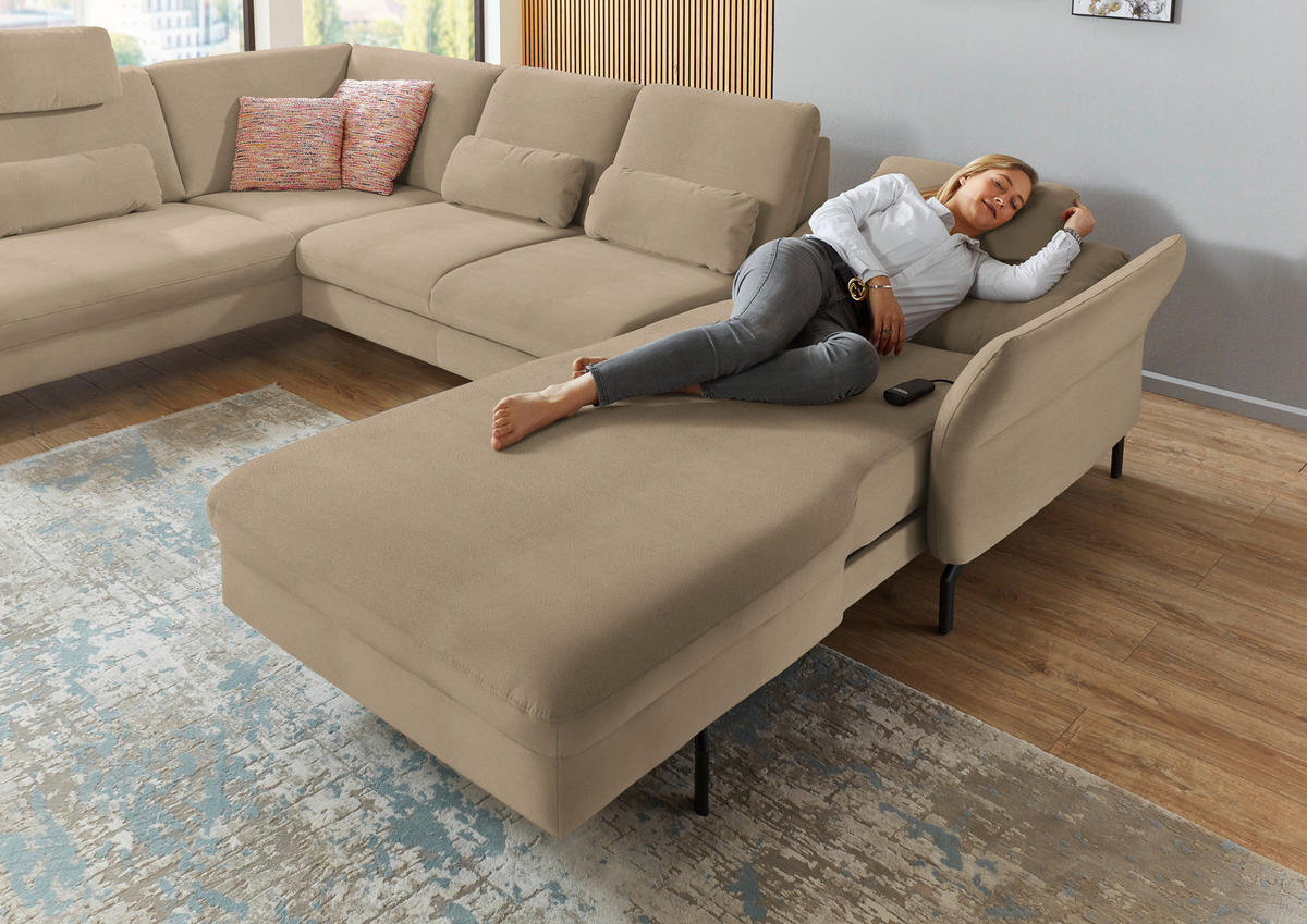WOHNLANDSCHAFT in Velours Sandfarben  - Sandfarben/Schwarz, Design, Textil/Metall (220/335/179cm) - Beldomo System