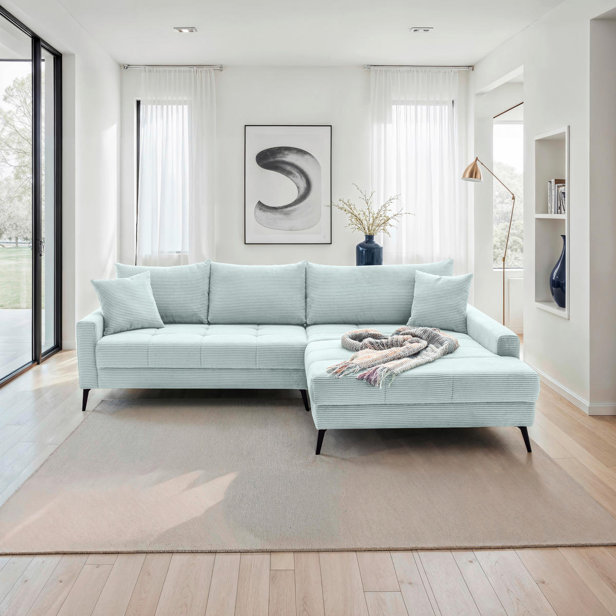 ECKSOFA Blaugrau Cord  - Blaugrau/Schwarz, KONVENTIONELL, Textil/Metall (280/173cm) - Hom`in