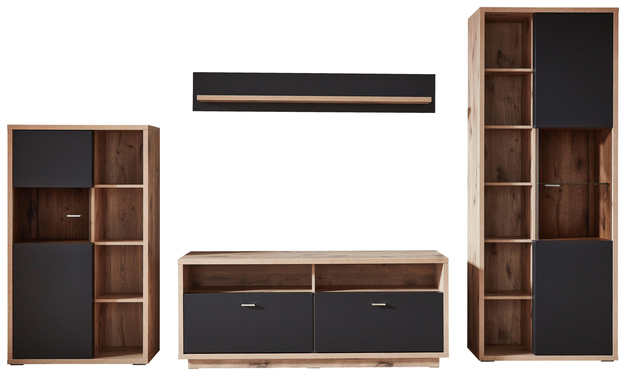 WOHNWAND Eichefarben, Dunkelgrau Einlegeböden - Eichefarben/Dunkelgrau, Design, Glas/Holzwerkstoff (335/206/50cm) - Stylife