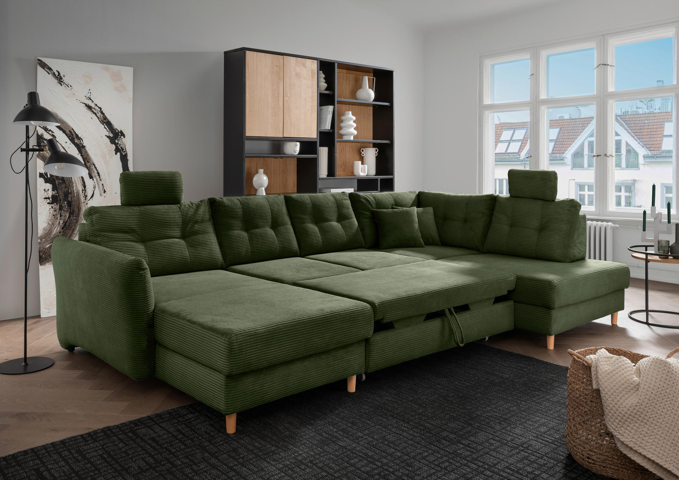 WOHNLANDSCHAFT Dunkelgrün Cord  - Dunkelgrün/Naturfarben, MODERN, Holz/Textil (176/338-352/206cm) - Livetastic