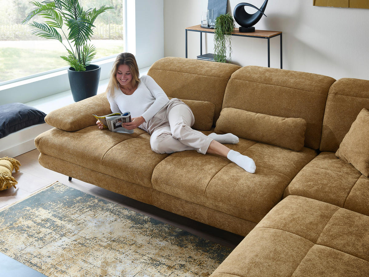 ECKSOFA Beldomo System Dunkelgelb Chenille Rücken echt, Kopfteilverstellung  - Dunkelgelb/Schwarz, Design, Textil/Metall (311/235cm) - Beldomo System