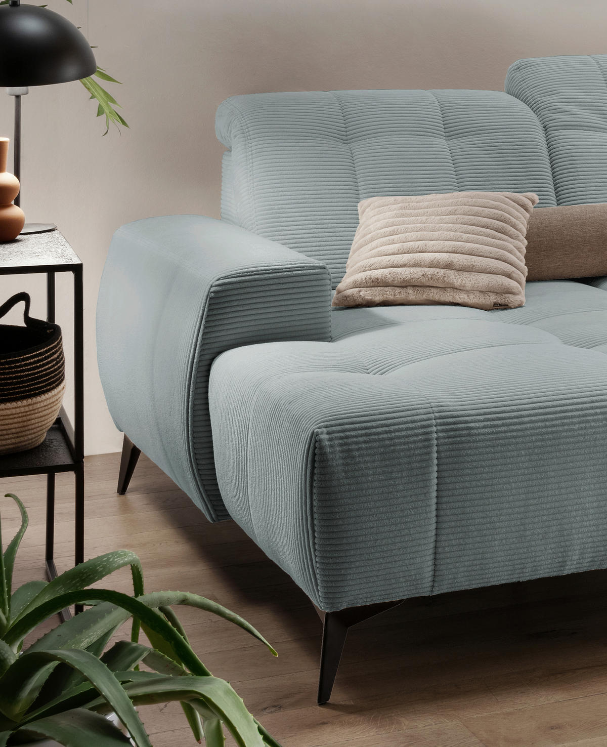 WOHNLANDSCHAFT SANO Hellblau Cord  - Schwarz/Hellblau, MODERN, Textil/Metall (180/337/200cm) - Livetastic