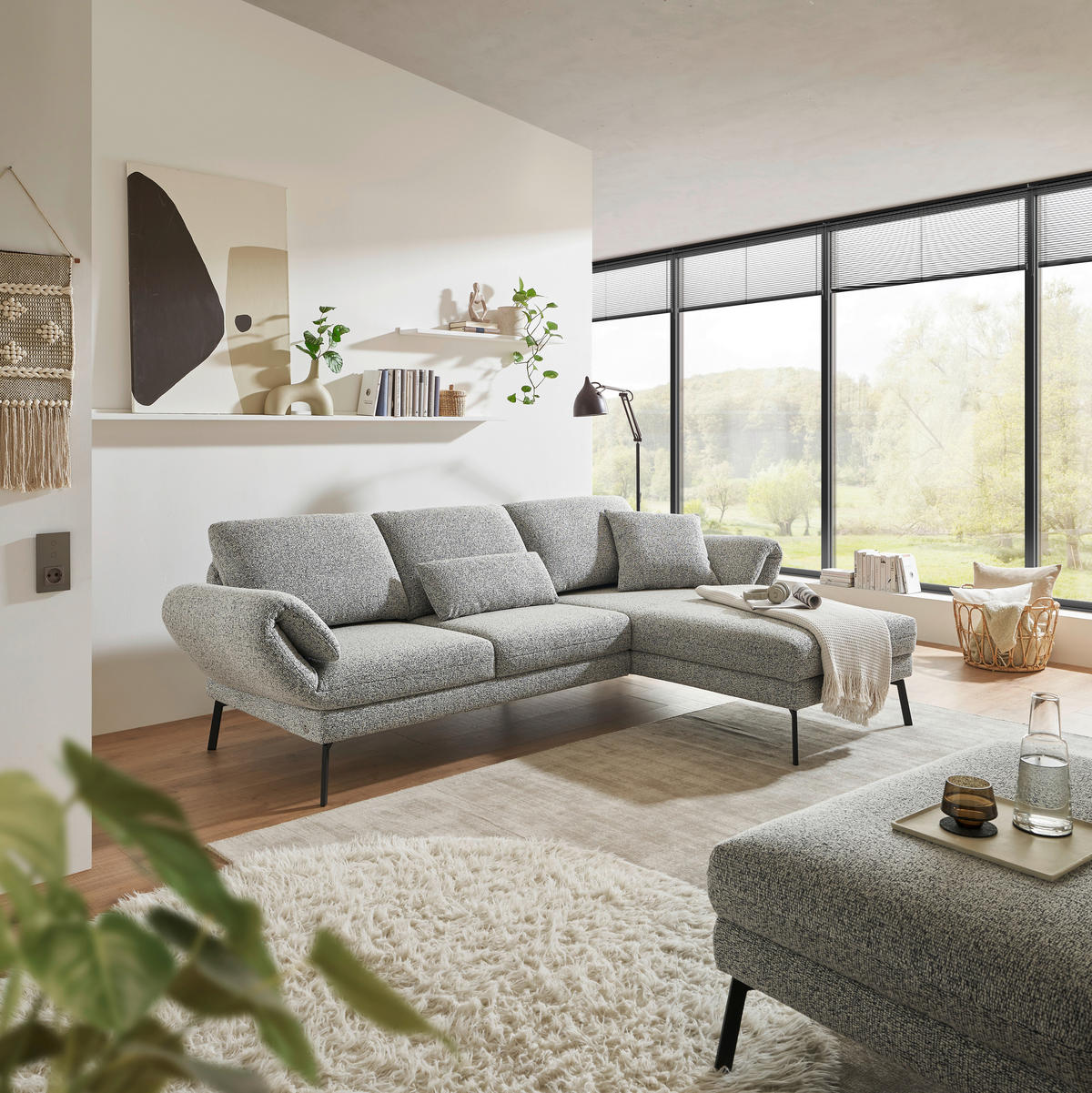 ECKSOFA in Flachgewebe Blaugrau  - Blaugrau/Schwarz, Design, Textil/Metall (255-365/175-224cm) - Dieter Knoll