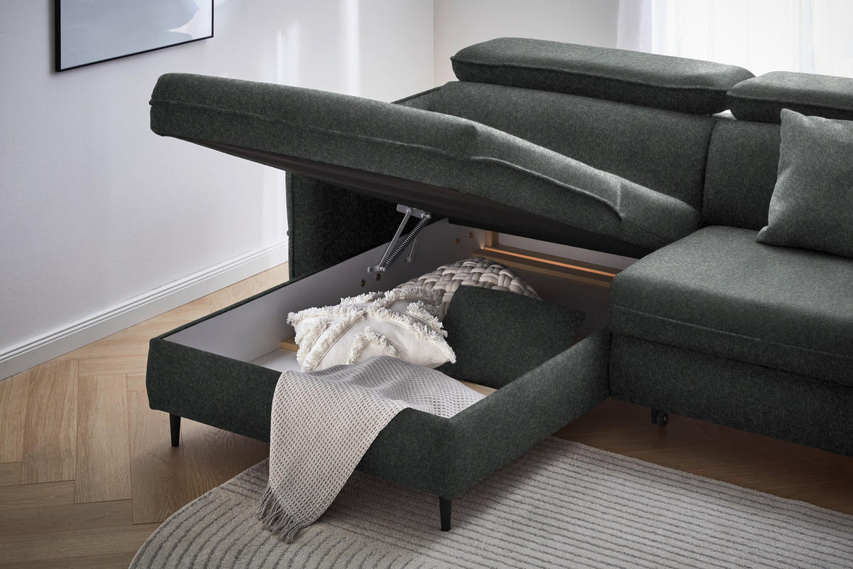 ECKSOFA in Samt Grau  - Schwarz/Grau, Design, Holz/Textil (185/232cm) - Stylife