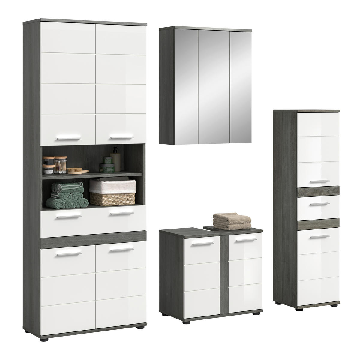 BADEZIMMER 4-teilig  in 195 cm  - Weiß Hochglanz/Silberfarben, Trend, Glas/Holzwerkstoff (195cm) - MID.YOU