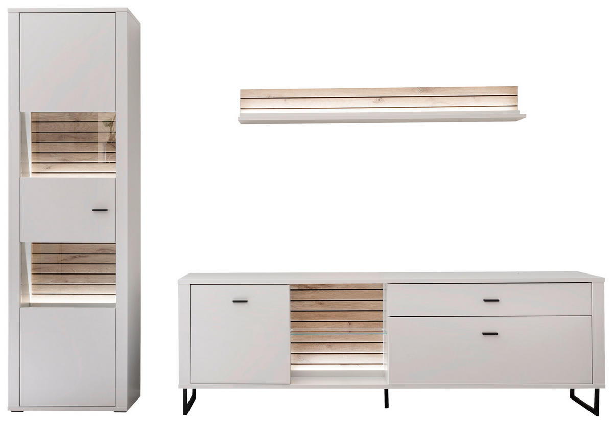 WOHNWAND  in Weiss, Eichefarben 287/206/44 cm  - Weiss/Eichefarben, Design, Glas/Holzwerkstoff (287/206/44cm) - Stylife