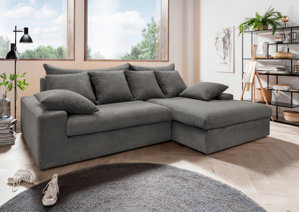 ECKSOFA in Cord Grau  - Schwarz/Grau, Modern, Kunststoff/Textil (278/200cm) - Livetastic