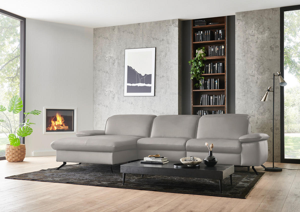 ECKSOFA  Echtleder Hellgrau  - Hellgrau/Schwarz, Design, Leder/Metall (169/307cm) - Beldomo Premium