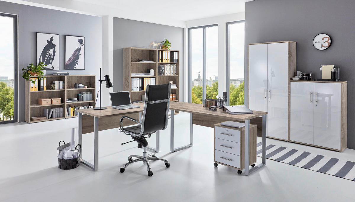BÜRO - Weiß Hochglanz/Sonoma Eiche, MODERN, Holzwerkstoff/Metall - MID.YOU