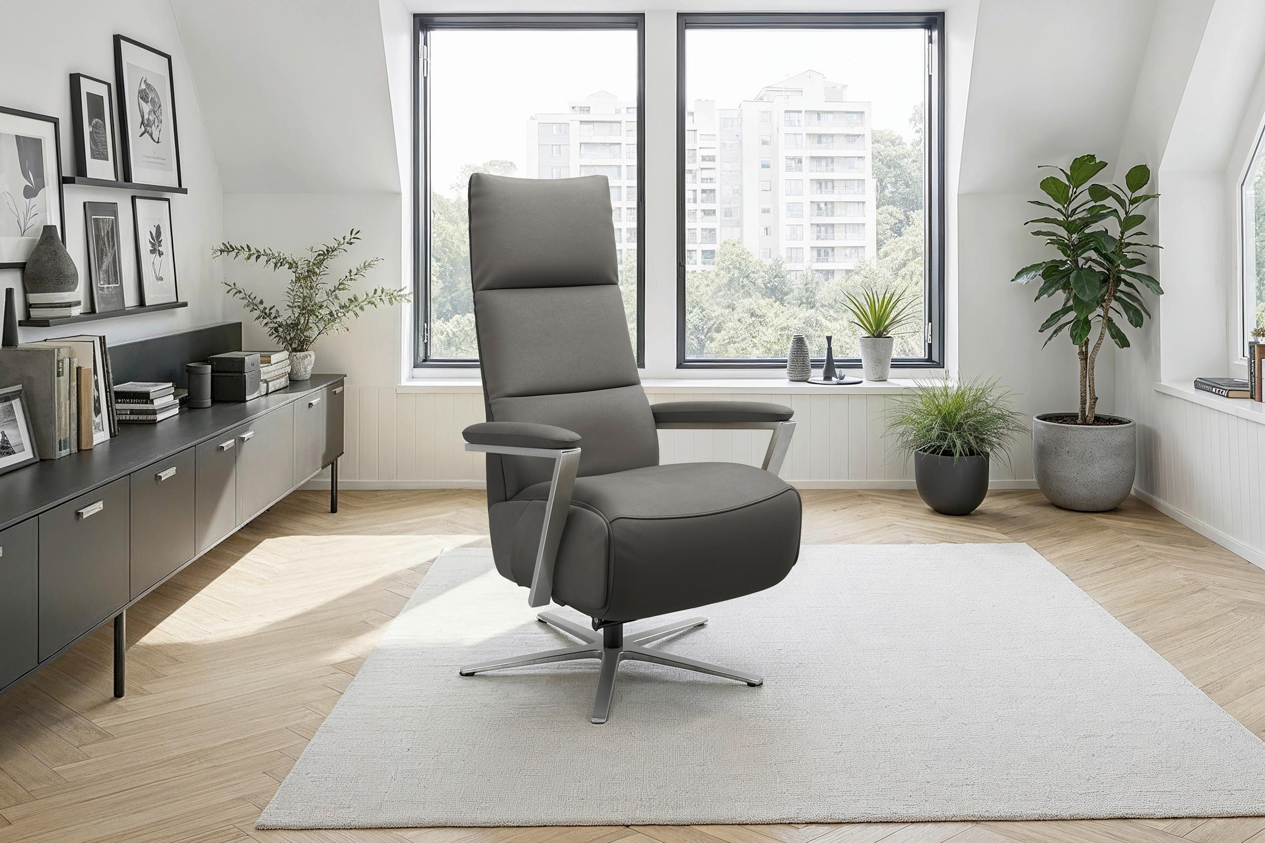 RELAXSESSEL TV VARIO COMFORT E L3 Echtleder Kopfteilverstellung, Rücken echt    - Silberfarben/Mokka, Basics, Leder/Metall (70/128/85cm) - Sit & More