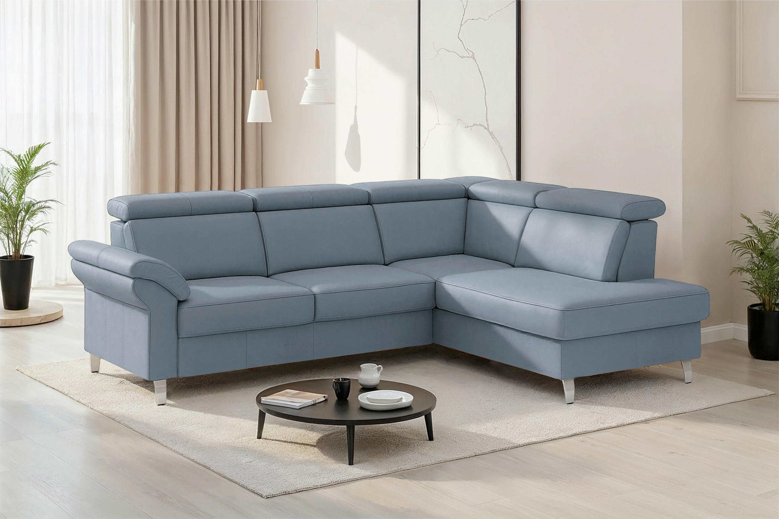 ROHOVÁ SEDAČKA, textil, koža, sivomodrá - sivomodrá/chrómová, Basics, kov/koža (245/194cm) - Sit & More