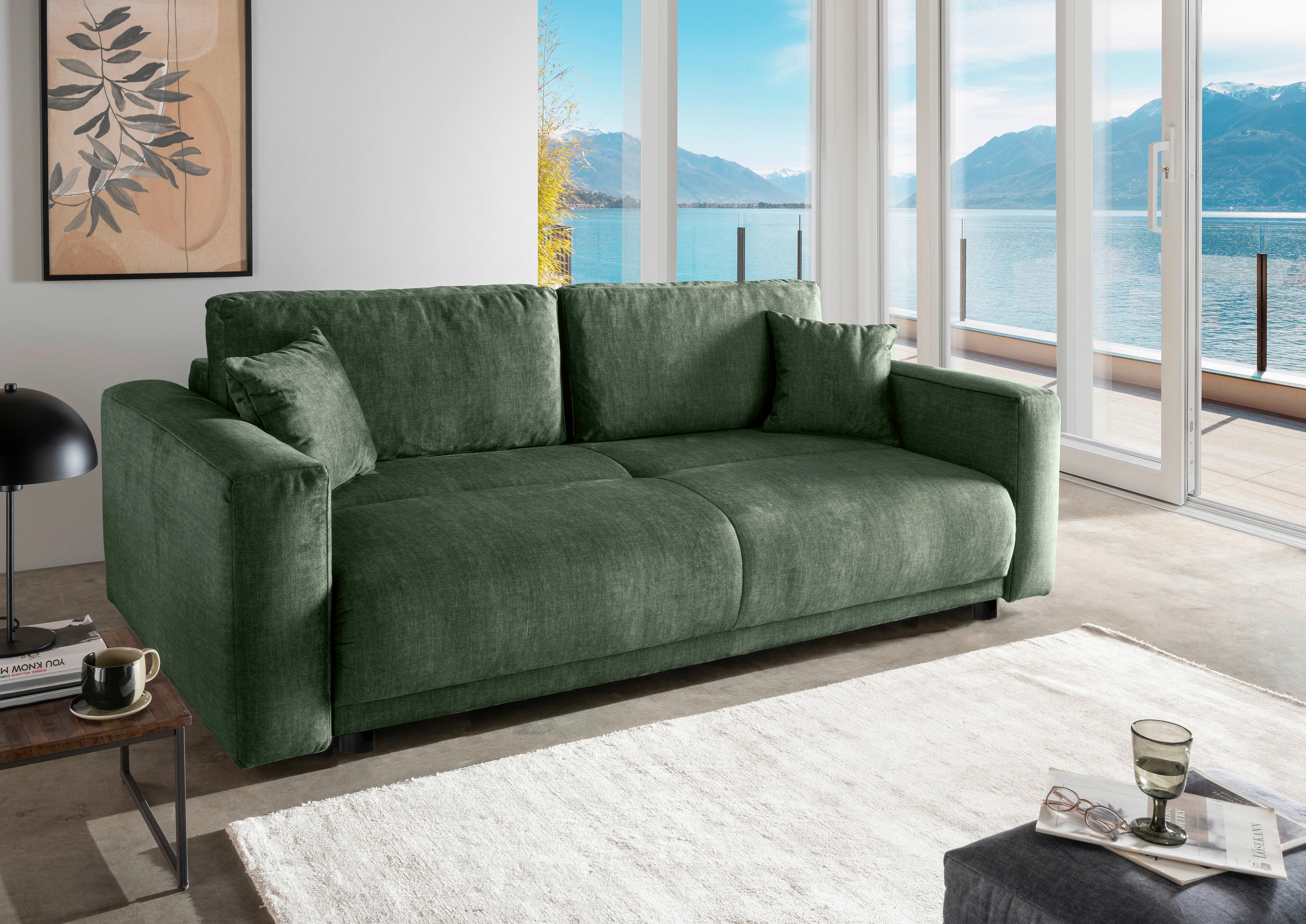 SCHLAFSOFA  mit Liegefunktion, Rücken echt Velours Dunkelgrün  - Dunkelgrün/Schwarz, MODERN, Kunststoff/Textil (245/86/126cm) - Livetastic