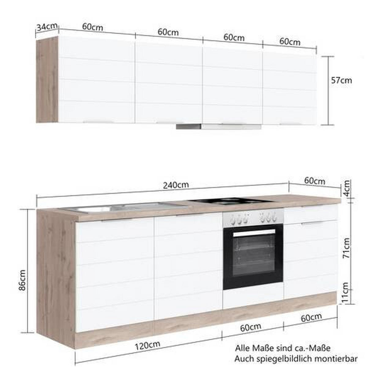 KÜCHENBLOCK 240 cm   in Weiß, Eiche Wotan  - Eiche Wotan/Weiß, Design, Holzwerkstoff/Metall (240cm) - Held