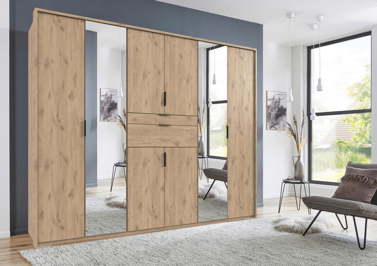 KLEIDERSCHRANK in Eichefarben  - Eichefarben/Schwarz, Modern, Glas/Holzwerkstoff (270/210/58cm) - Boxxx