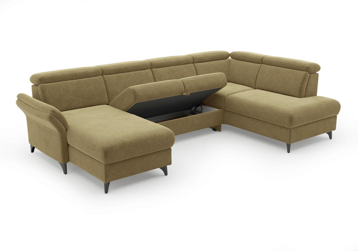 WOHNLANDSCHAFT GLENDALE E Olivgrün Flachgewebe  - Schwarz/Olivgrün, KONVENTIONELL, Textil/Metall (166/321/193cm) - Sit & More