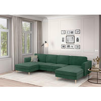 WOHNLANDSCHAFT Dunkelgrün Cord  - Dunkelgrün/Buchefarben, MODERN, Holz/Textil (161/306/161cm) - Trendmanufaktur