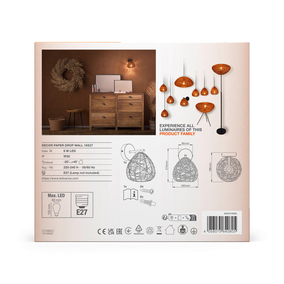 WANDLEUCHTE 16/18,6/21 cm   - Beige, Natur, Papier/Metall (16/18,6/21cm) - Ledvance