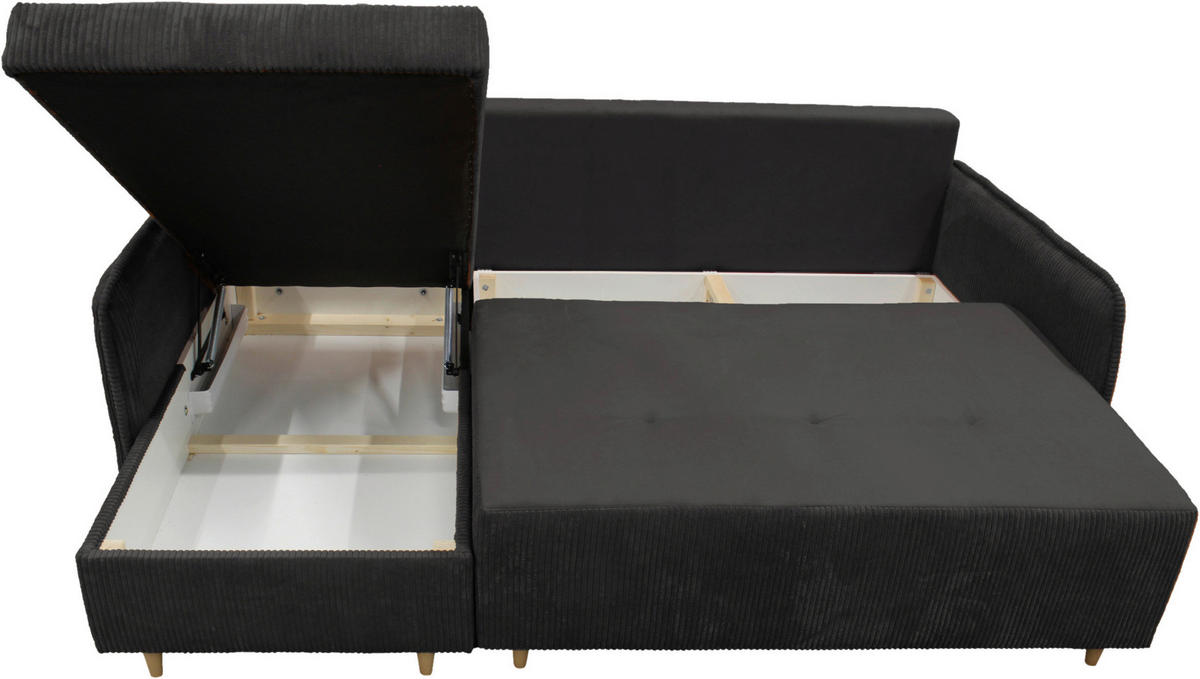 ECKSOFA TEDDY Dunkelgrau Cord, Bouclé Zierkissen, Rückenkissen, Bettkasten  - Dunkelgrau/Naturfarben, Design, Holz/Textil (142/215cm) - MID.YOU