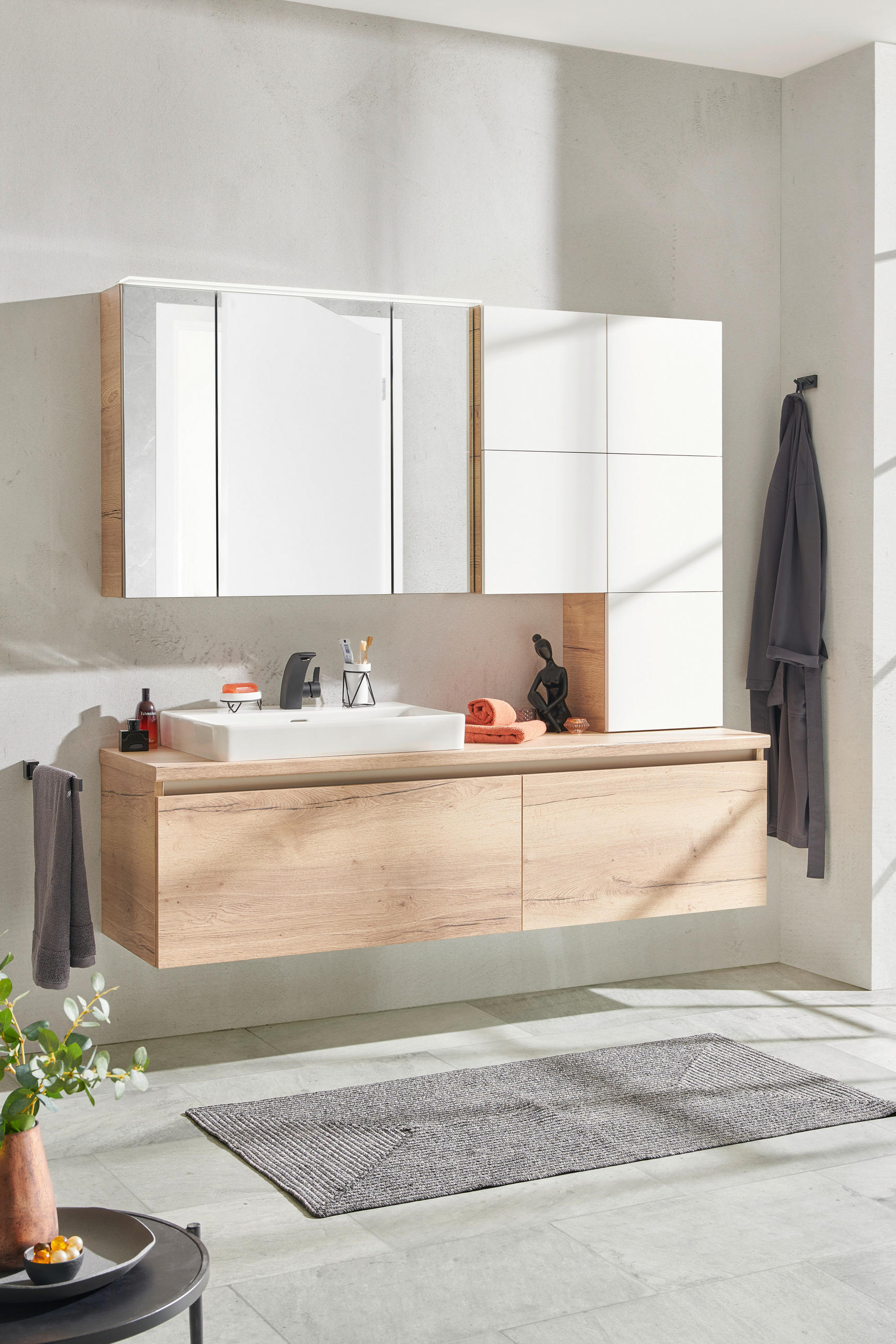 BADEZIMMER  in 180 cm  - Edelstahlfarben/Eichefarben, KONVENTIONELL, Glas/Holzwerkstoff (180cm) - Moderano