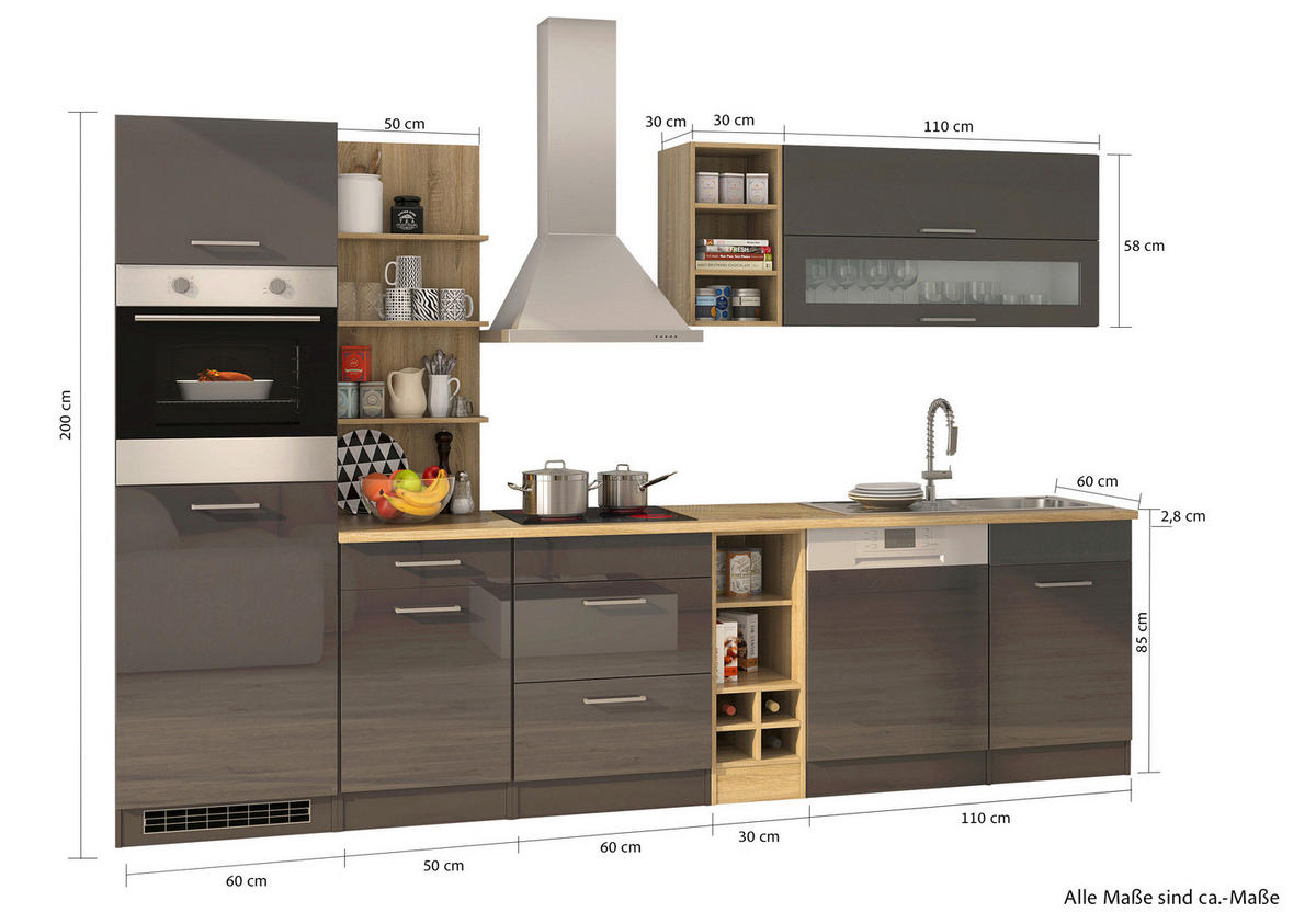 KÜCHENLEERBLOCK 310 cm   in Graphitfarben  - Silberfarben/Graphitfarben, MODERN, Holzwerkstoff/Metall (310cm) - Held